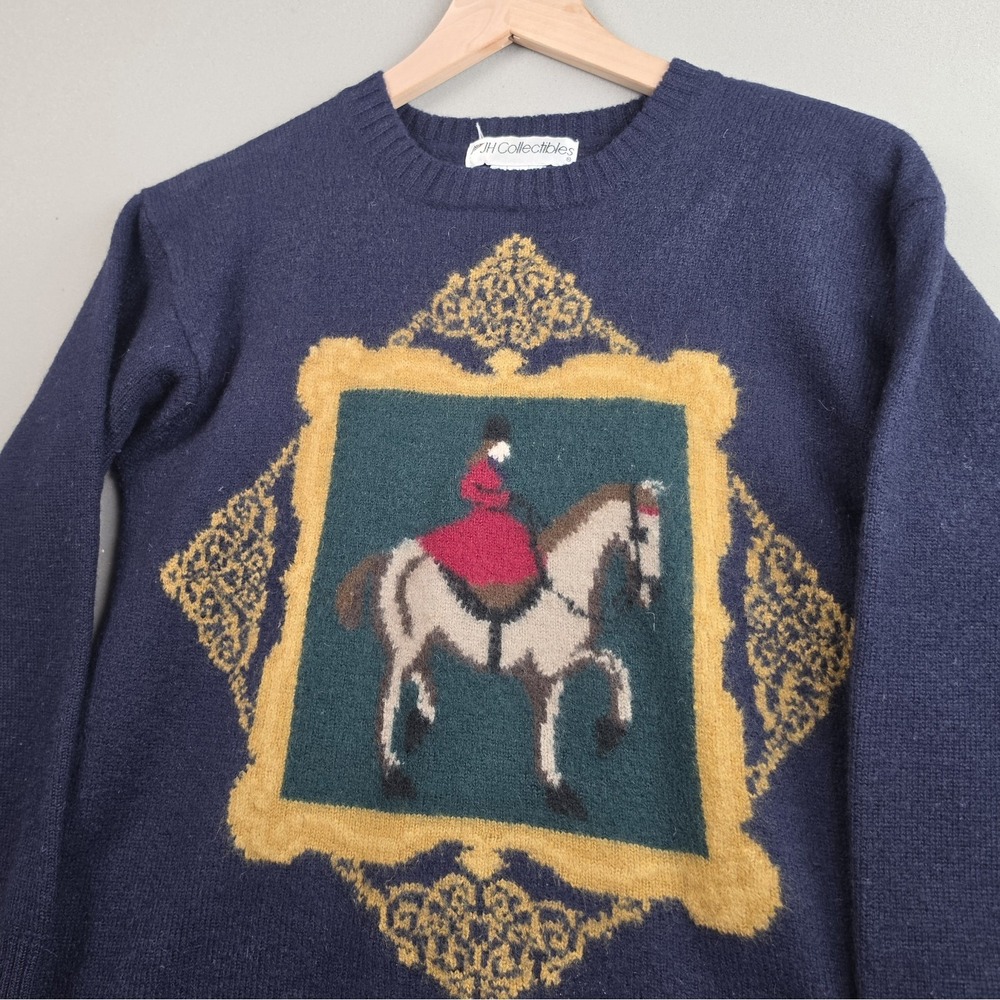 JH Collectibles Womens M Wool Sweater Equestrian Horse Rider Navy Blue Vintage